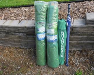 Lot 177. Two 18' seed starter mats, camp chair, and an umbrella