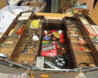 Lot 315. Hawthorne tackle box full of vintage tackle as described in the photographs