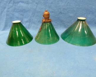 Lot 407. Three green and white vintage lamp shades. Sizes as pictured.