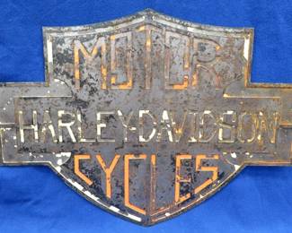 Lot 16. Harley-Davidson Shield sign made of two pieces of steel and painted. 27 1/2" x 20 1/2"