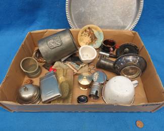 Lot 252. Collectible smalls including an Evans cigarette case/lighter, mortar and pestle, aluminum plate, and more