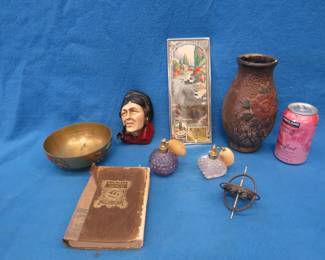 Lot 400. Collectible smalls including perfume spritzers, brass bowl advertising mirror, and more