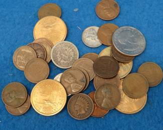 Lot 255. Coin potluck: 1889 Indianhead penny, 24 Wheat pennies, 1895 Liberty head nickel, 2 Mercury dimes, Susan B. Anthony dollar coin, Sacagawea dollar coin.