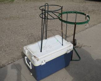 Lot 120. Thermos cooler, plant stand, and leaf bag holder