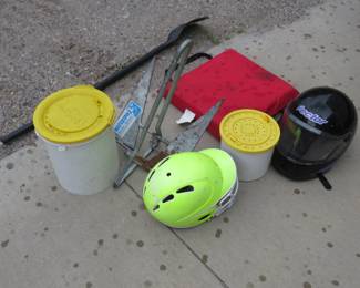 Lot 35. Two bait buckets, Waterspike fluke anchor, and more