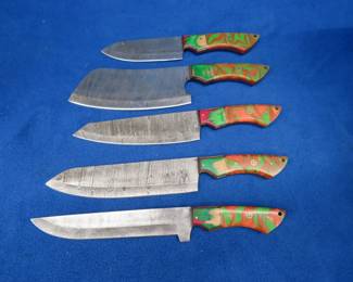 Lot 317. Five new Damascus Chefs knives with no maker's mark found