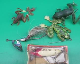 Lot 49. South Bend Fish-Obite in the box, Pflueger Snapie, spinner with the box bottom, and several vintage rubber frogs