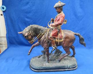 Lot 12. 25" tall and 24" long polychrome painted heavy bronze statue of a Uniformed Soldier on horseback with a French horn. Likely sculpted by Antoine Barye.