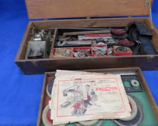 Lot 439. Antique Gilbert Toy Erector Set, model # 8, comes in the original wooden box, hand-crank gears, and original manual
