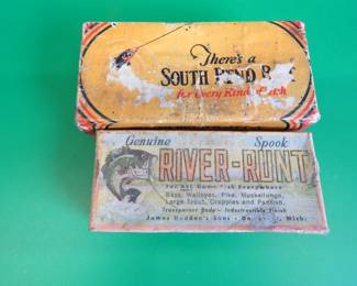Lot 298. Two Vintage Baits with boxes: Heddon River Runt Spook Sinker with a box in poor condition and paper.  Bass-Oreno in a box marked 973.