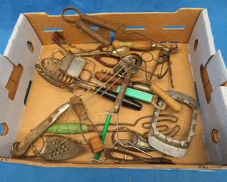 Lot 273. Vintage kitchen drawer items including wooden handles