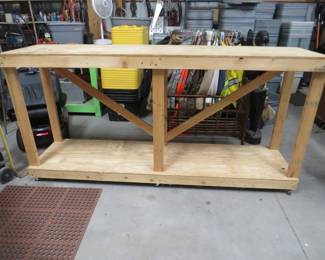 Lot 455. Large wooden rolling workbench. 96" x 24" x 47"