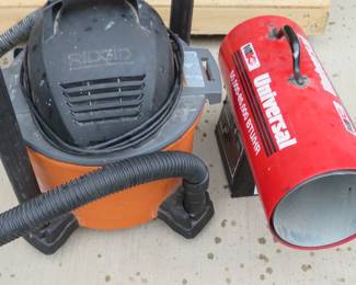 Lot 38. RidGid wet/dry vacuum and a Universal 50,000-85,000 BTU propane torpedo heater