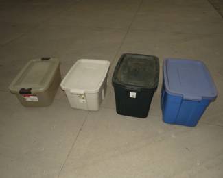 Lot 395. Four locking lid Rubbermaid containers. Two 18 gal, a 14 gal, and a 50 quart.