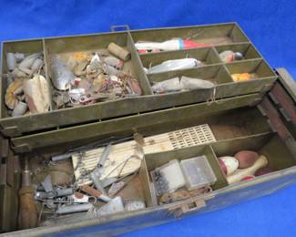 Lot 437. Vintage metal Hobart tacklebox with contents, including several Dardevles and more