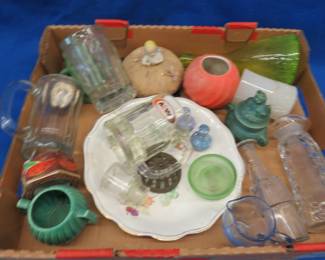 Lot 446. Glassware including a uranium glass "Frigidaire Milk Bottle Cover", a crackle glass vase, and more