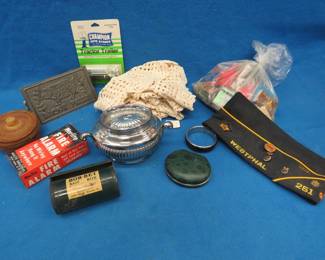 Lot 275. Misc. collectibles including a Mother of Pearl 18kt gold-plated men's set, matchbook collection, 1960s era fire alarm, and more.