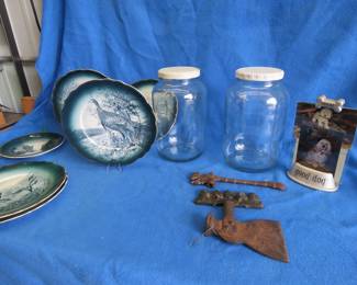 Lot 102. Pickle jars, cast-iron pieces, and dishes from Buffalo pottery