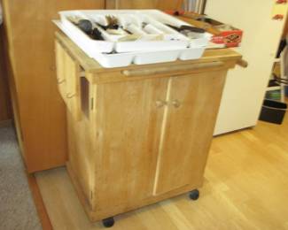 Rolling Wood Storage Cabinet, Utensils, Silverware
