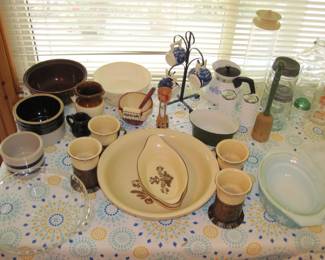 Vintage Roseville Crocks, Large Pfaltzgraff Bowl, 2 serving dishes, 4 coffee cups in metal holders, Vintage Wood Timer, Milk Glass Hobknob SaltnPepper Shakers