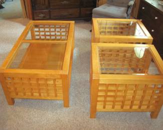 Coffee Table, 2 Matching End Tables- Wood with End Square Slat Pattern- Glass Top