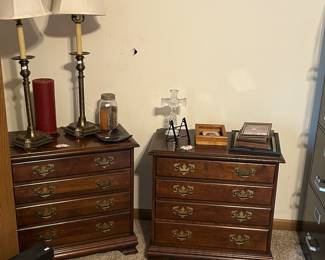 Matching pair of night stands and brass lamps