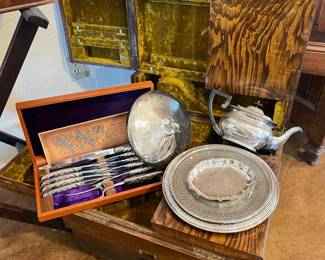 antique silver case, silverplate serving pieces