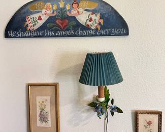 hand painted/sign Enid Collins wall plaque, floral tole wall lamp