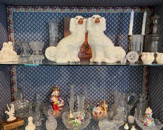 antique Staffordshire mantle dogs, Christopher Radko Christmas ornaments