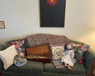 Peggy Steiler Wahrmund quilted piece, antique trumpet in wood case, handmade doll with French fabric clothing