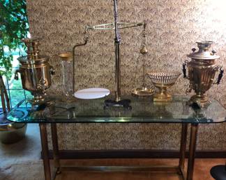 Great brass console table with antique Russian samovars & antique scale 