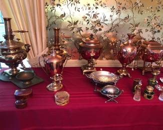 Amazing selection of brass & copper antique samovars 