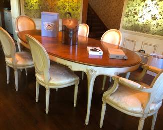 Vintage walnut & ivory painted dining room table & 6 chairs 