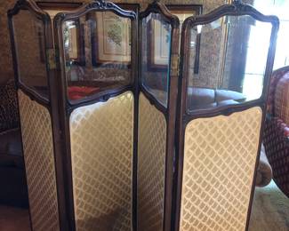 Unusual French carved walnut screen with beveled glass panels 