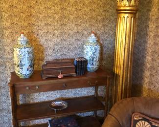 One of a pair of wood Corinthian gold gilt columns, Baker 2 tier console table 