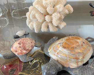 Trio of Soapstone and Carved Stone Sea Turtles and White Coral Specimen
