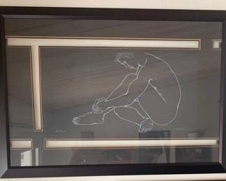 White on Black Male Nude Study with Custom Matte, Framed and Signed