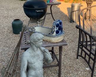 Assorted Patio Statues, Portuguese Wall Basin, Kettle Barbecue 