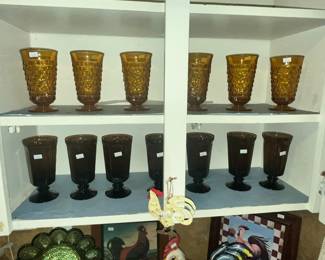 TOP: SET OF 6 INDIANA GLASS "WHITEHALL COLONY" CUBIST AMBER FOOTED TUMBLERS
