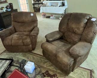 PAIR OF MICRO-SUEDE RECLINERS! CHAIR ON LEFT HAS HEAT & MASSAGE!