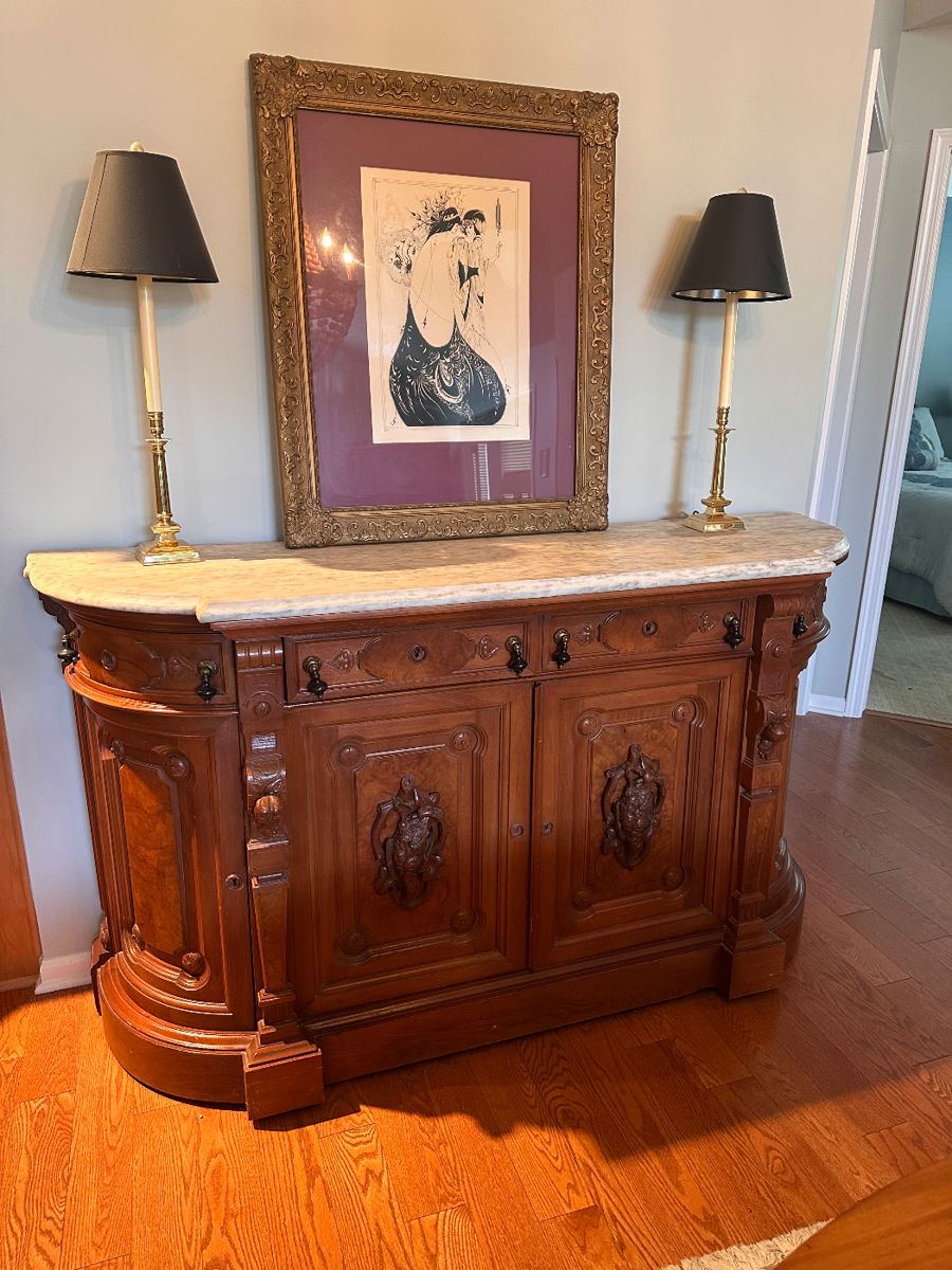 (1) Victorian Sideboard, Walnut, White Marble Top circa 1865. Provenance Wadsworth Estate, Geneseo NY 71"w 21"d 41"h $5,800