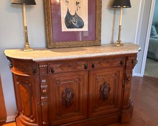 (1) Victorian Sideboard, Walnut, White Marble Top circa 1865. Provenance Wadsworth Estate, Geneseo NY 71"w 21"d 41"h $5,800