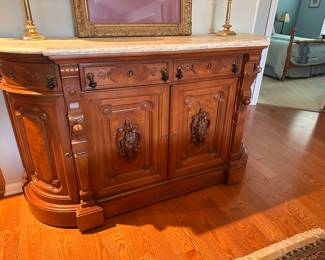 (1) Victorian Sideboard, Walnut, White Marble Top circa 1865. Provenance Wadsworth Estate, Geneseo NY 71"w 21"d 41"h $5,800