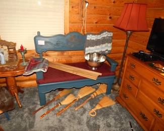 Vintage Beautiful Country Blue Wooden Bench w/Maroon Pad-Skinning Boards-Antique Hearth/whisk Brooms
