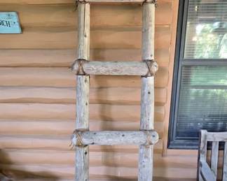 Vintage Hand Carved Wooden Ladder w/Leather Strapping