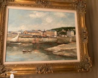 Wonderful Harbor scene oil signed by artist, unable to read signature beautifully framed