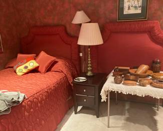 Pair of Full size shirred red silk headboards, spreads ,skirts, pillows, all custom made