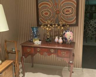 Mahogany 3-drawer desk, decorative objects, original art