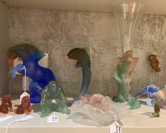 Collection of Daum Art Glass including Horse, Dolphin, Gorilla, Leaf bowl, pate de verre vase, Lalique small fish