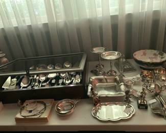 Sterling Silver various Serving pieces, bowl, small tray, cream & sugar, Sorini 800 silver and enamel clowns